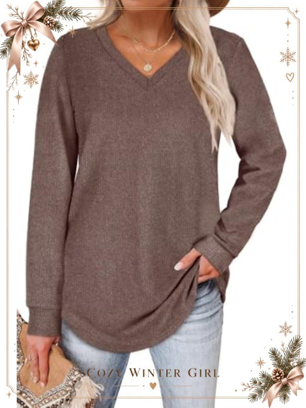 V Neck Long Sleeve Pullover Sweater Loose Casual Tunic Top